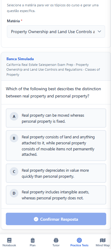 FocusPrep practice test question on real property versus personal property with multiple choice answers